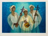 tableau représentant trois femmes avec des instruments devant un fond bleu