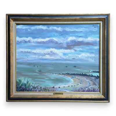 painting of a view of a beach with a boat in the distance