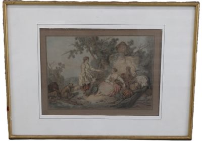an old picture of a painting of a woman and children in a wooded setting