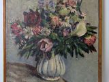 a painting of flowers in a vase on a table