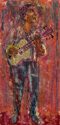 an oil painting of a man playing a guitar in front of a red background