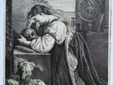 une vieille gravure représentant une femme assise à une table avec un chien