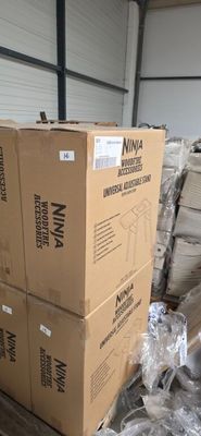 several boxes are stacked on top of each other in a warehouse