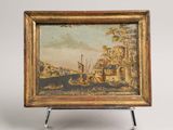 un tableau représentant un bateau sur une rivière, avec un château en arrière-plan