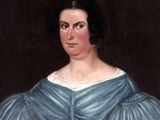 an old painting of a woman in a blue dress