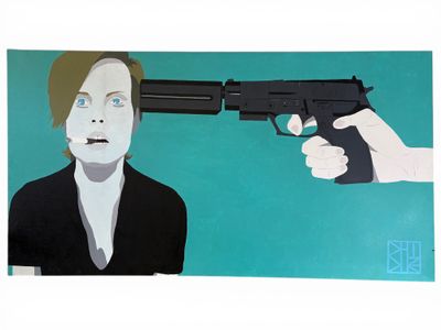 a painting of a man holding a gun in his hand