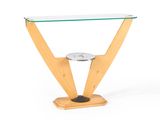 an image of a wooden table with a glass top and a clock on it