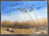 un tableau représentant deux palmiers sur la plage