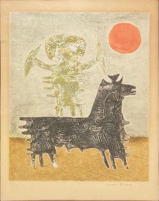 an image of a drawing of a horse with a man in the background