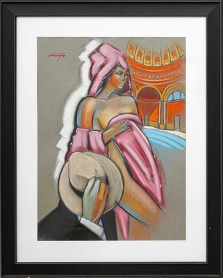 tableau représentant une femme portant un chapeau et un foulard rose