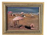 tableau représentant une femme allongée sur une plage avec un parasol rose