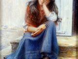 tableau représentant une femme assise sur une marche, la main posée sur le visage