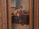 painting of a man sitting at a table with a book in his lap
