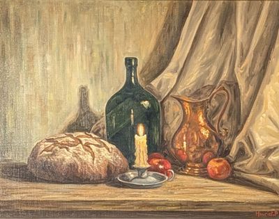 a painting of a still life with bread, a bottle and a candle