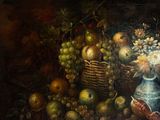 painting of a still life of fruit and flowers in a blue vase
