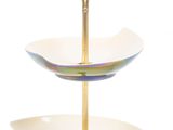a close up of a three tiered plate on a white background