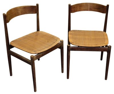 two wooden chairs with woven seats and a wooden seat