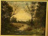 painting of a landscape with trees and a river in the foreground