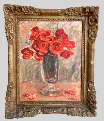 a painting of red flowers in a vase on a table