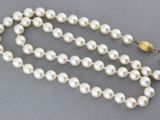 Gros plan sur un collier de perles blanches avec un fermoir en or