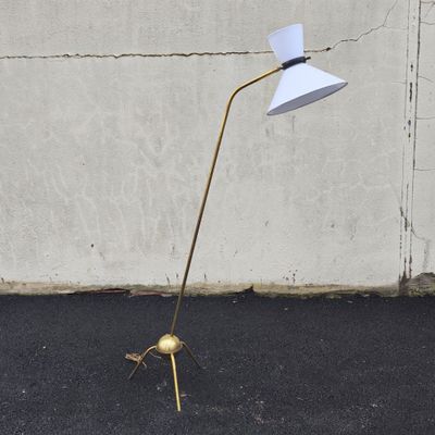 Lampadaire en laiton avec système de balancier, abat jour diabolo.  Tr - Photo 1