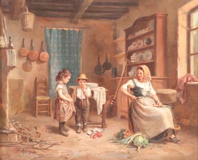 un tableau représentant une femme et deux enfants dans une cuisine