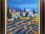 a painting of a landscape with lavender fields and a church in the distance