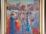 une peinture à l'huile représentant un groupe de personnes dans une rue