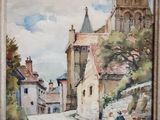 peinture d'une scène de rue avec un clocher d'église en arrière-plan