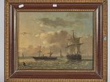 an oil painting of two ships in a body of water