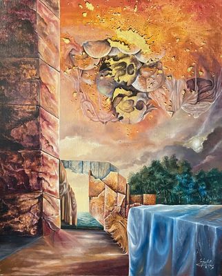 une peinture à l'huile représentant une table recouverte d'une nappe bleue sur laquelle repose un crâne