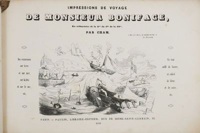 an old book with a drawing of a boat in the water