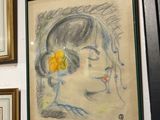 tableau représentant une femme avec une fleur dans les cheveux, dans un coin d'une pièce