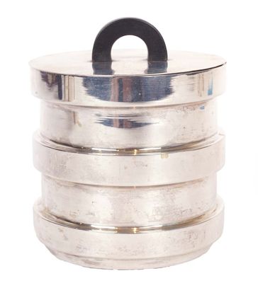 a silver container with a black handle on a white background