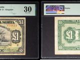 Trois types différents de billets de banque sont exposés dans une vitrine.