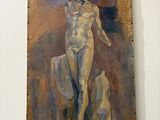 a painting of a man standing on a pedestal next to a dog