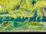 a painting of a woman sitting on a bench in the park