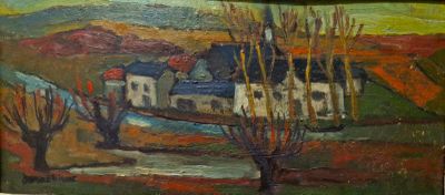 peinture représentant une maison et des arbres dans un champ