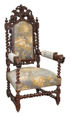 une image d'une chaise avec un dossier et des accoudoirs tapissés de fleurs