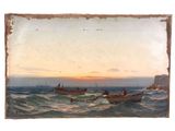 un tableau représentant deux bateaux sur l'eau au coucher du soleil