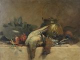 une image représentant un tableau représentant une nature morte avec des fruits et une lanterne