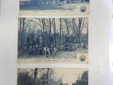 three pictures of a group of people riding horses in a field