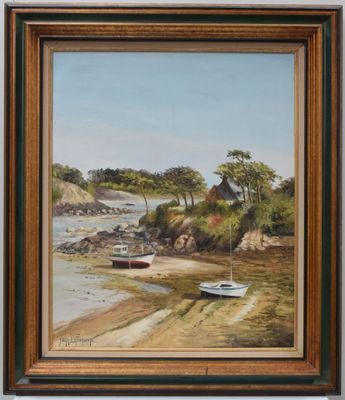 an oil painting of a boat on a beach next to a body of water