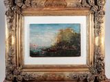 an oil painting of a landscape with a river and a bridge