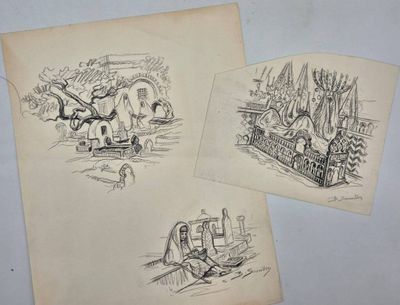 deux dessins représentant un train et un wagon posés sur une table