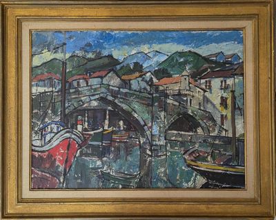 a painting of a bridge over a river with boats in it