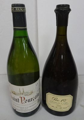 two bottles of wine sitting next to each other on a table
