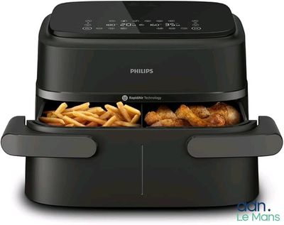 a black air fryer with french fries in it
