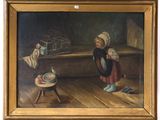an oil painting of two children in a room with a birdcage