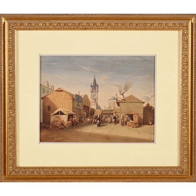 tableau représentant une scène de rue avec des personnages et des bâtiments en arrière-plan